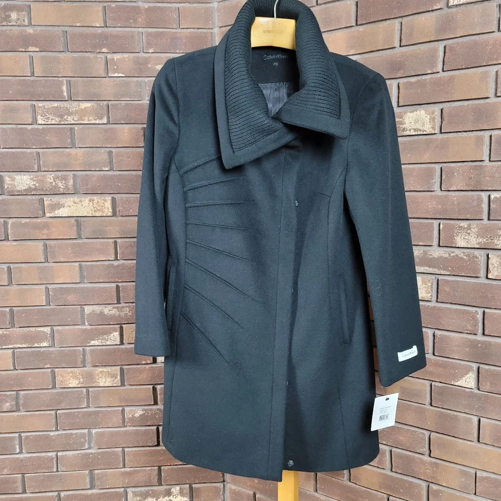 Calvin Klein black wool zip pea coat, sweater detail collar, petite 12